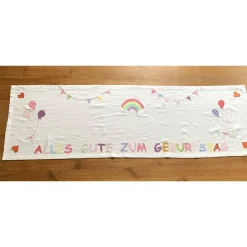 Tischläufer, Tischdecke, Applikationen, Geburtstag, Geburtstagsdekoration, Regenbogen, Luftballons, Baumwolle, 45 x 140