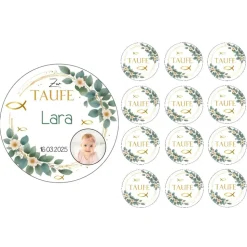 Torten und Muffin aufleger zur Taufe mit Foto Namen und Datum personalisiert. goldene Fische Eukalyptus Rahmen