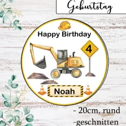 Tortenaufleger Bagger essbar mit Name und Zahl Tortendeko