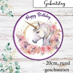 Tortenaufleger Einhorn mit Blumen und Gold Tortendeko Happy Birthday Geburtstagstorte