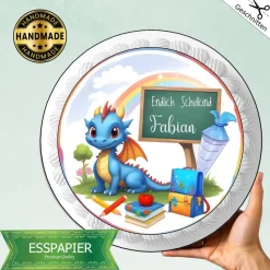 Tortenaufleger Einschulung mit Drache  Schulanfang Esspapier Aufleger rund  mit Namen
