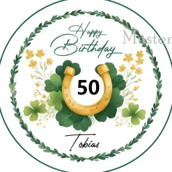 Tortenaufleger Happy Birthday mit Hufeisen Zahl und Namen. Runder Geburtstag Esspapier Tortendeko Aufleger grün Kleeblat