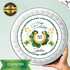 Tortenaufleger Happy Birthday mit Hufeisen Zahl und Namen. Runder Geburtstag Esspapier Tortendeko Aufleger grün Kleeblat