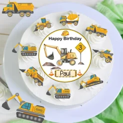 Tortenaufleger +Muffinaufleger Baustelle Bagger Happy Birthday Essbar Namen+Wunschzahl Tortendeko Kindergeburtstag