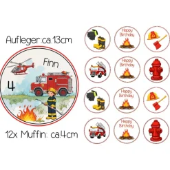 Tortenaufleger Set mit Tortenaufleger und 12 aufleger für Muffins. Kindergeburtstag Happy Birthday Feuerwehr Essbar