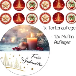 Tortenaufleger Set Weihnachten mit Kerze  Tannenbaum Frohe Weihnachten Christbaumkugel gold rot essbar  modern