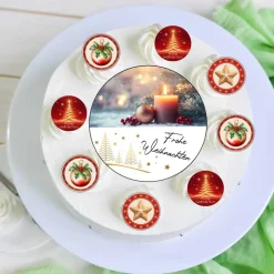 Tortenaufleger Set Weihnachten mit Kerze  Tannenbaum Frohe Weihnachten Christbaumkugel gold rot essbar  modern