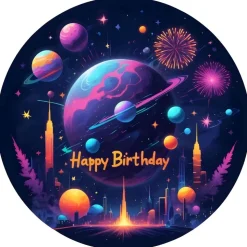 Tortenaufleger Weltraum Happy Birthday Modern knallig Planeten Feuerwerk essbar Tortendeko