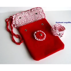 Trachtentasche rot – Handgemachte Dirndl-Umhängetasche mit Trachtenknopf & Stoffrosette, Unikat, Volksfest-Täschchen