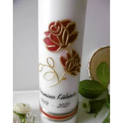 TRAUERKERZE * GEDENKKERZE * BEISETZUNG * BEERDIGUNG * ROSENMOTIV * INDIVIDUELLE BESCHRIFTUNG *