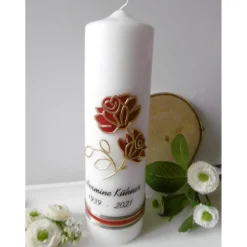 TRAUERKERZE * GEDENKKERZE * BEISETZUNG * BEERDIGUNG * ROSENMOTIV * INDIVIDUELLE BESCHRIFTUNG *