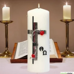 Trauerkerze Alpha Omega mit Kreuz in antik silber, Gedenkkerze, Trauerkerze personalisiert, Kerze zum Gedenken