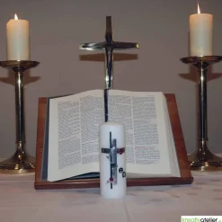 Trauerkerze Alpha Omega mit Kreuz in antik silber, Gedenkkerze, Trauerkerze personalisiert, Kerze zum Gedenken