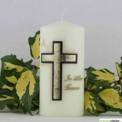 Trauerkerze/Gedenkkerze, klein in elfenbein „In stiller Trauer“, schwarz/gold, Echtwachsbeschriftung,