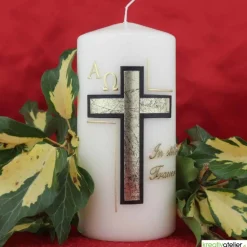 Trauerkerze/Gedenkkerze, klein in elfenbein „In stiller Trauer“, schwarz/gold, Echtwachsbeschriftung,