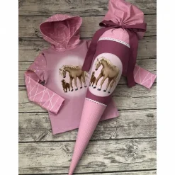 traumhaftes Set zur Einschulung Schultüte & Shirt gr.122/128 Pferde Rosa