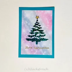Türkise Weihnachtskarte mit glänzendem grünen Weihnachtsbaum und goldener Schrift – Doppelkarte A6