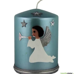 türkise Weihnachtskerze mit Trompetenengel