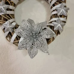 Türkranz aus Reisig für Weihnachten und Advent in Silber, 25 cm Durchmesser