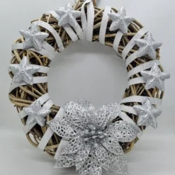 Türkranz aus Reisig für Weihnachten und Advent in Silber, 25 cm Durchmesser