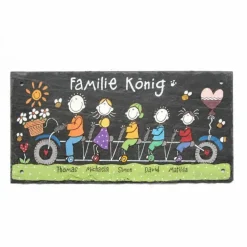 Türschild aus Schiefer für Familien mit Namen und Figuren auf Fahrrad personalisiert, buntes Haustürschild, exklusives Schieferschild, einmaliges Familientürschild, perfektes Familiengeschenk