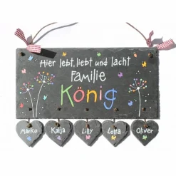Türschild aus Schiefer für Familien mit Name personalisiert, Haustürschild mit Pusteblumen & Schmetterlinge, Namensschild für die Haustür, persönliches Geschenk zu jedem Anlass