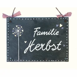 Türschild aus Schiefer mit Pusteblume – Personalisiertes Familienschild, handgefertigt, wetterfest, Geschenkidee