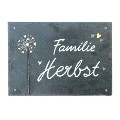 Türschild aus Schiefer mit Pusteblume – Personalisiertes Familienschild, handgefertigt, wetterfest, Geschenkidee