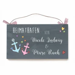 Türschild Familie aus Holz mit Name personalisiert - exklusives Hochzeitsgeschenk für das Brautpaar - besonderes Geschenk zum Hochzeitstag - individuelles Haustürschild maritim mit Anker
