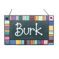 Türschild Familie aus Schiefer personalisiert mit Name, Schieferschild mit Patchworkrand, Geschenk für alle Anlässe, Namensschild für Wohnungstür & Hauseingang, Familiengeschenk