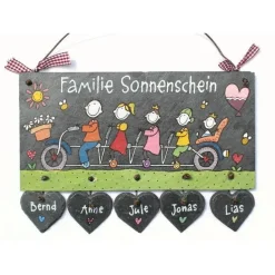 Türschild Familie aus Schiefer mit Name und Figuren auf Fahrrad personalisiert - individuelles Schieferschild handgemalt - exklusives Familiengeschenk - dekorativ für Wohnungstür und Hauseingang
