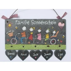 Türschild Familie aus Schiefer mit Name und Figuren auf Fahrrad personalisiert - individuelles Schieferschild handgemalt - exklusives Familiengeschenk - dekorativ für Wohnungstür und Hauseingang
