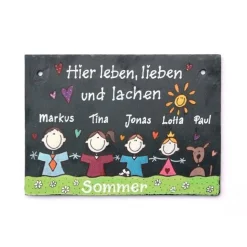 Türschild Familie aus Schiefer mit Name und Figuren personalisiert - wetterfestes Schieferschild handgemalt - handgemachtes Familienschild für Haus und Wohnung - exklusives Geschenk