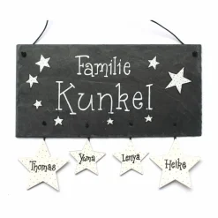 Türschild für Familien, Haustürschild aus Schiefer personalisiert mit Namen, Schieferschild Sterne, ausgefallenes Geschenk für das Zuhause, Familienschild für Haustür und Eingang
