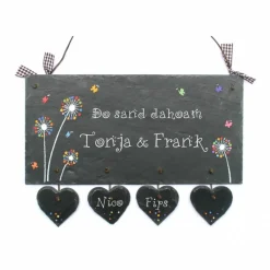 Türschild Pusteblume Schiefer – Personalisiertes Familienschild mit Herzanhänger, Wetterfest & Handgemacht