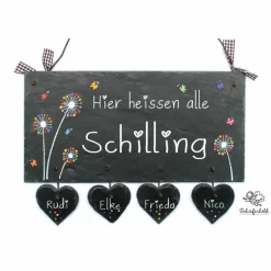 Türschild Pusteblume Schiefer – Personalisiertes Familienschild mit Herzanhänger, Wetterfest & Handgemacht