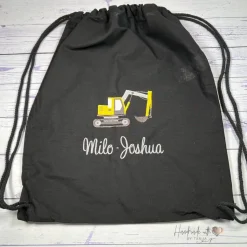 Turnbeutel mit Bagger & Namen bestickt I personalisierter Stoffbeutel I Kita-Beutel in verschiedenen Farben