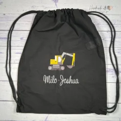 Turnbeutel mit Bagger & Namen bestickt I personalisierter Stoffbeutel I Kita-Beutel in verschiedenen Farben