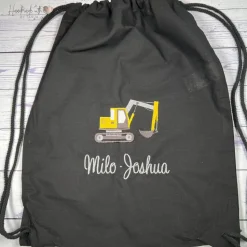 Turnbeutel mit Bagger & Namen bestickt I personalisierter Stoffbeutel I Kita-Beutel in verschiedenen Farben