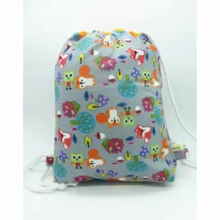 Turnbeutel mit beschichtetem Innenfutter, Kinderrucksack, Schwimmbeutel Fuchs + Eule