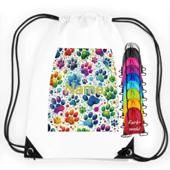 Turnbeutel Motiv bunte Pfoten mit Name / personalisierbar / verschiedene Farben