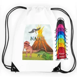 Turnbeutel Motiv Dino mit Name / T-Rex / Vulkan / Urzeit / Dinosaurier / personalisierbar / verschiedene Farben