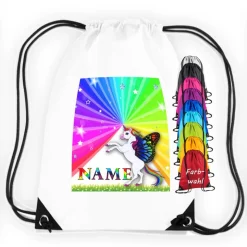 Turnbeutel Motiv Einhorn mit Name / Regenbogen / Pegasus / personalisierbar / verschiedene Farben