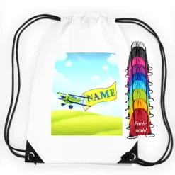 Turnbeutel Motiv Flugzeug mit Name / Flieger / Wolken / Himmel / personalisierbar / verschiedene Farben