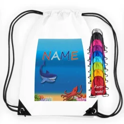 Turnbeutel Motiv Hai mit Name / Meer / Ozean / Kraken / personalisierbar / verschiedene Farben