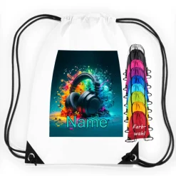 Turnbeutel Motiv Kopfhörer mit Name / personalisierbar / verschiedene Farben