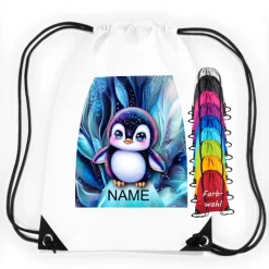Turnbeutel Motiv Pinguin mit Name / personalisierbar / verschiedene Farben