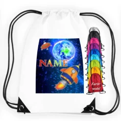 Turnbeutel Motiv Rakete mit Name / Weltall / Planet / Ufo / personalisierbar / verschiedene Farben