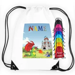 Turnbeutel Motiv Ritter mit Name / Burg / Schloss / Drache / personalisierbar / verschiedene Farben