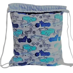Turnbeutel, Rucksack blau mit Auto-Motiv, personalisierbar